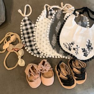 Newborn Girls Accessory Lot with 4 bibs, 4 bow headbands and 2 old navy shoes